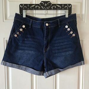 Stretchy Sailor Button Denim Shorts Dark Wash High Rise Cuffed 2XL 34 Waist NWOT